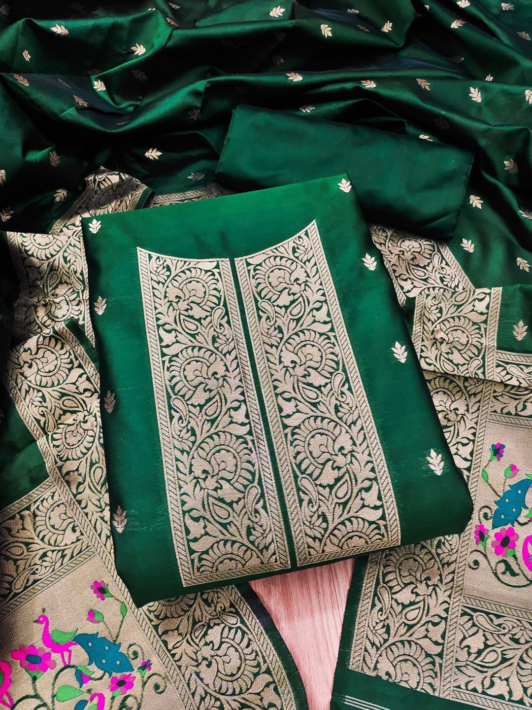 

KALINI Banarasi Paithani Unstitched Dress Material, Green