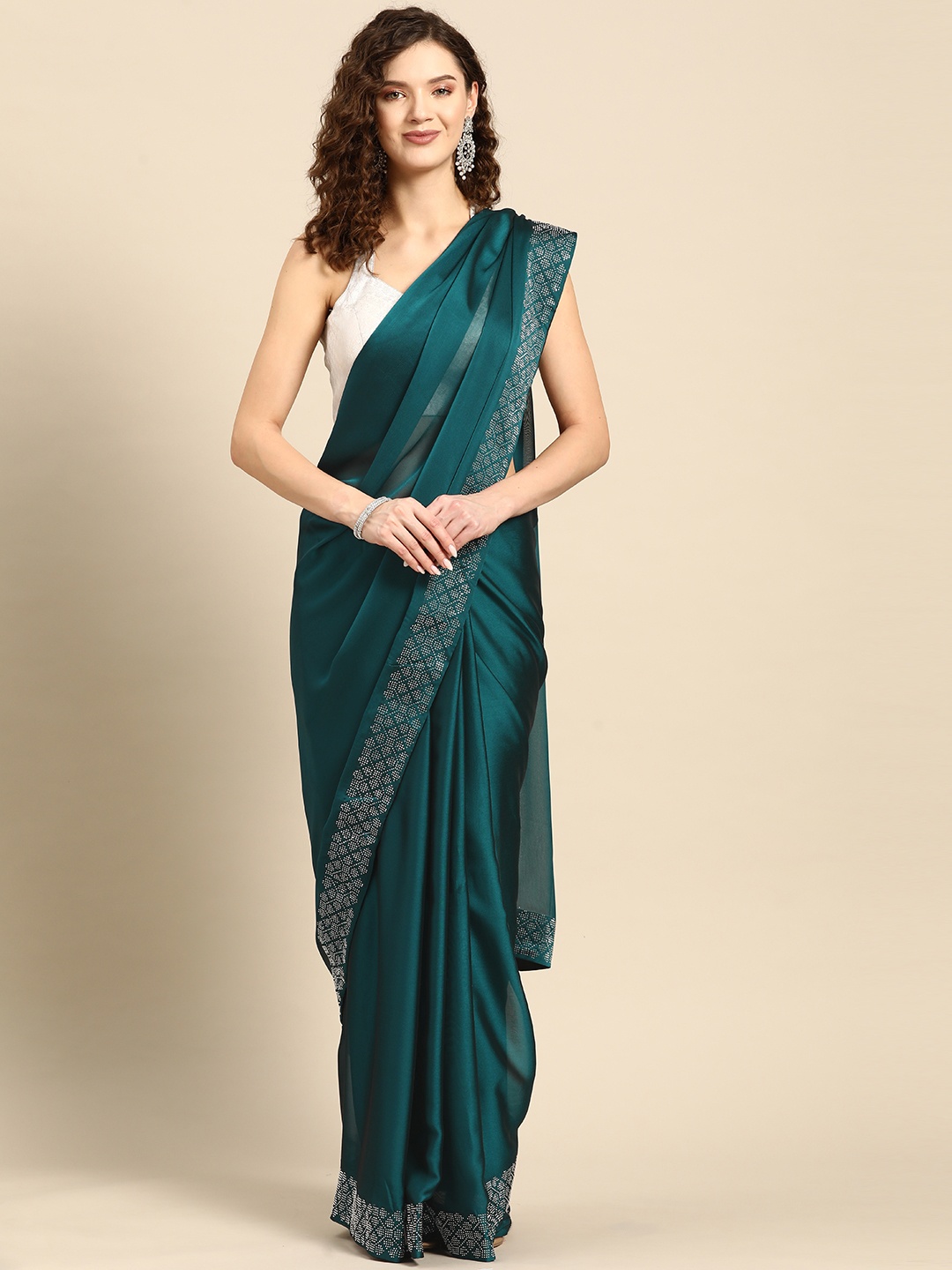 

INDYES Solid Beads and Stones Saree, Navy blue