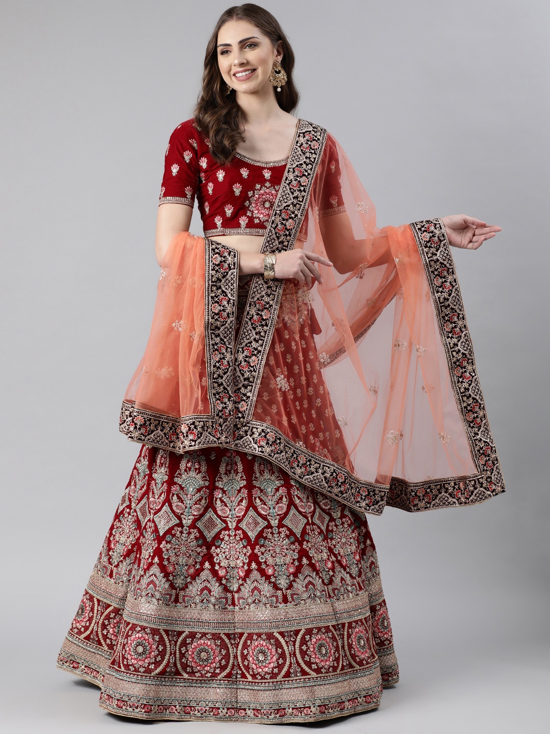 

flaher Embroidered Beads & Stones Net Dupatta, Peach