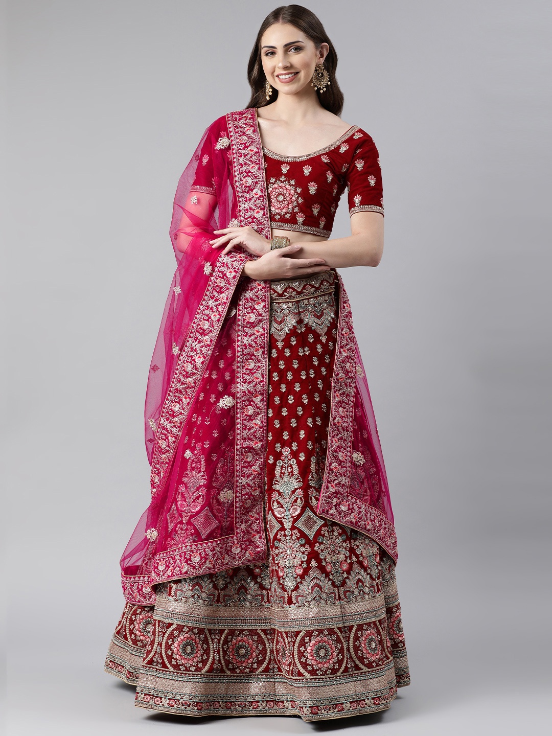 

flaher Embroidered Beads & Stones Net Dupatta, Pink