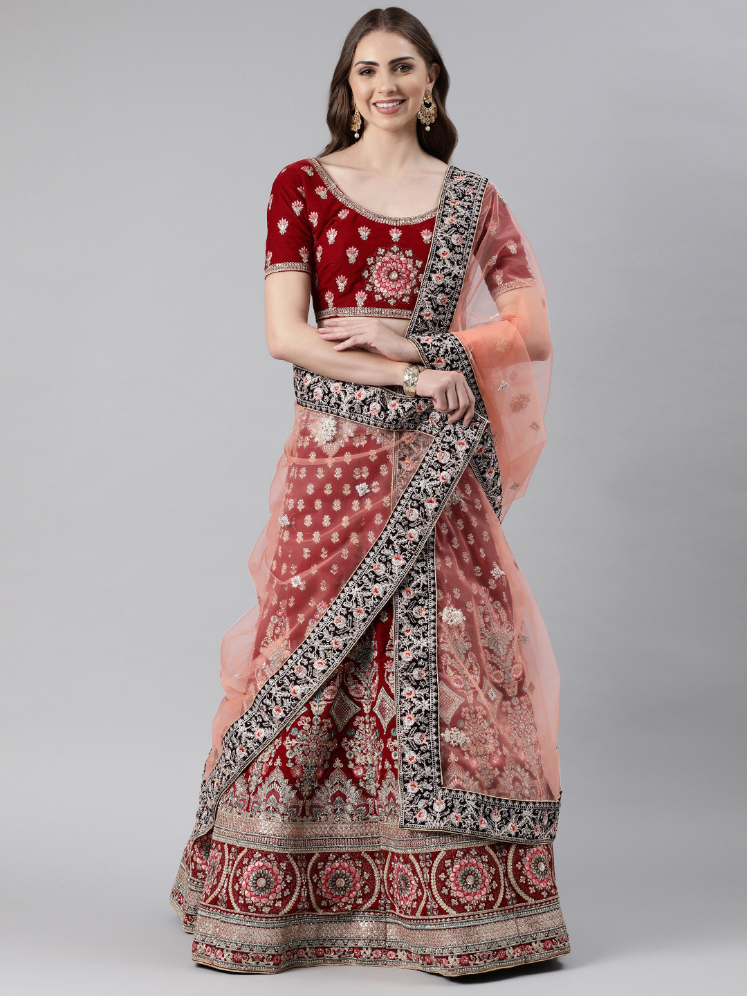 

flaher Embroidered Beads & Stones Net Dupatta, Peach