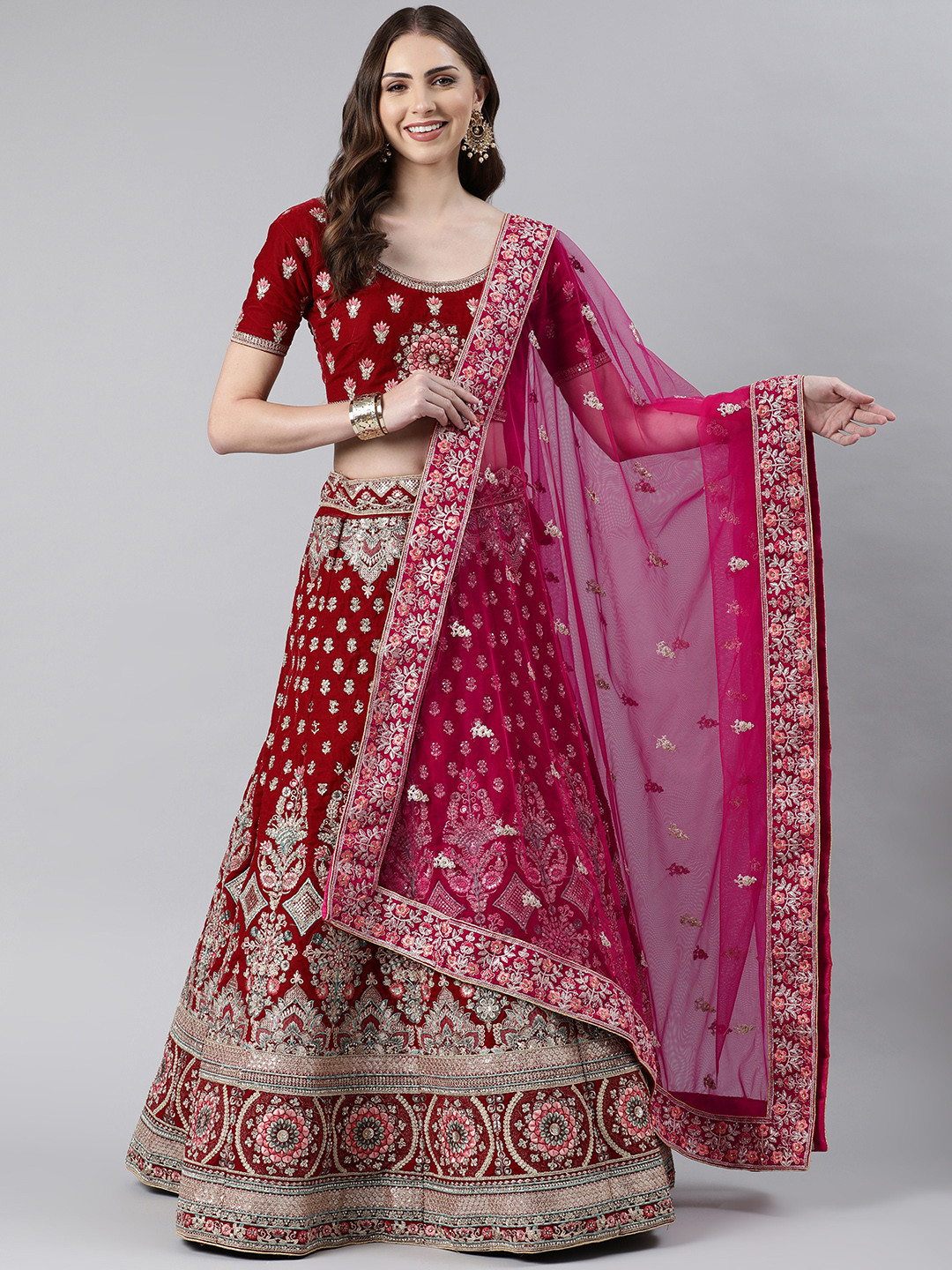

flaher Embroidered Beads & Stones Net Dupatta, Pink