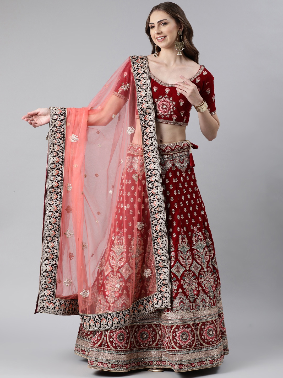 

flaher Embroidered Beads & Stones Net Dupatta, Coral