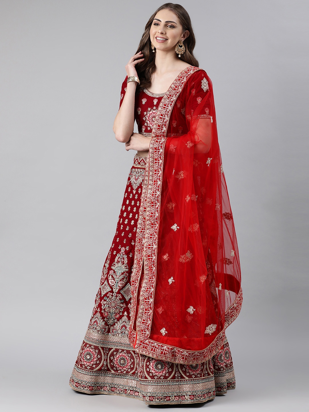 

flaher Embroidered Beads & Stones Net Dupatta, Red