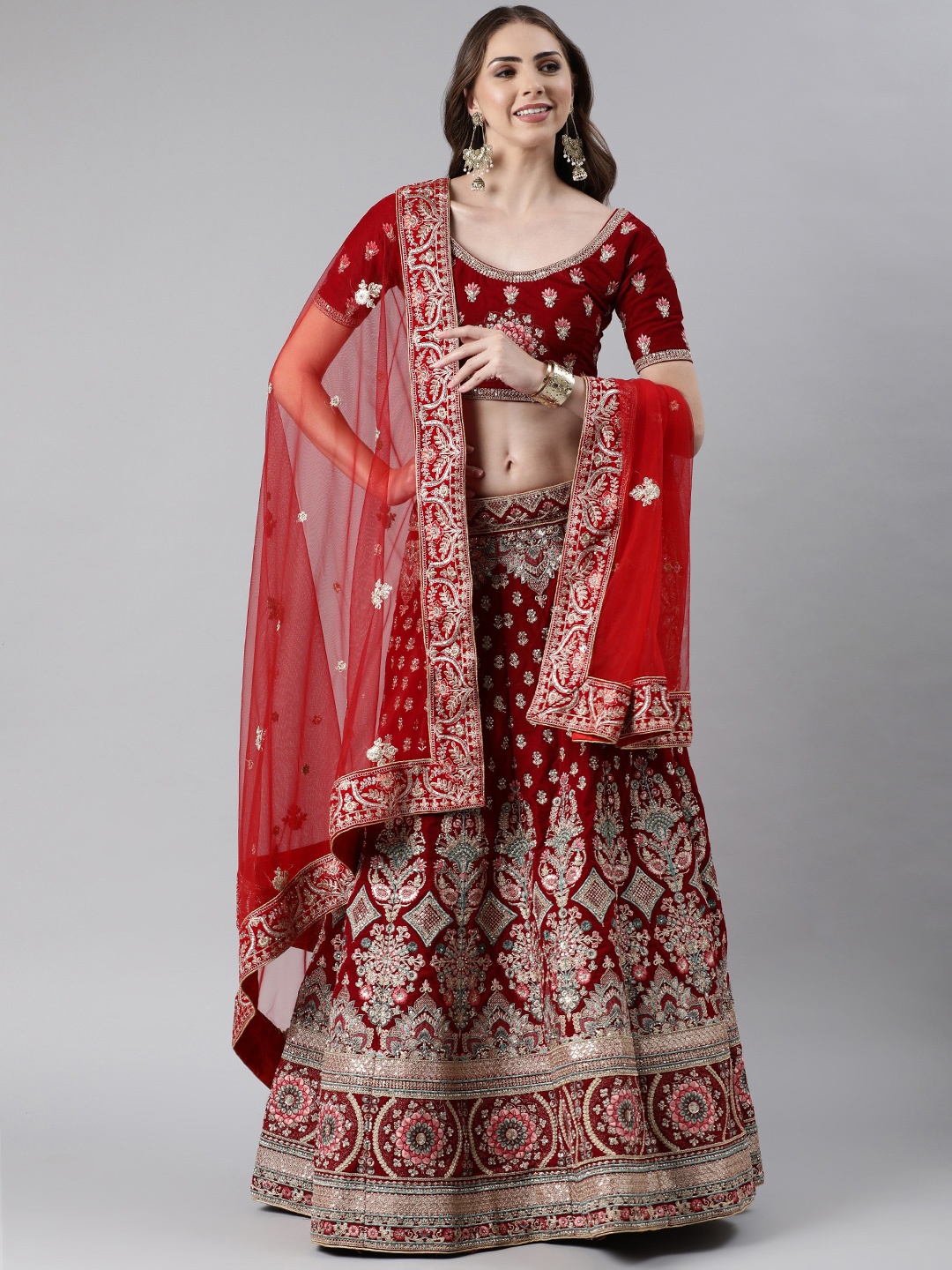 

flaher Embroidered Beads & Stones Net Dupatta, Red