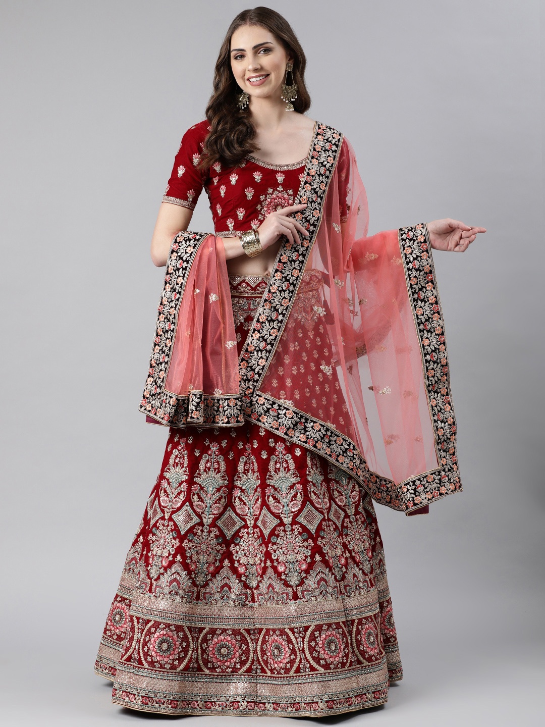 

flaher Embroidered Beads & Stones Net Dupatta, Coral