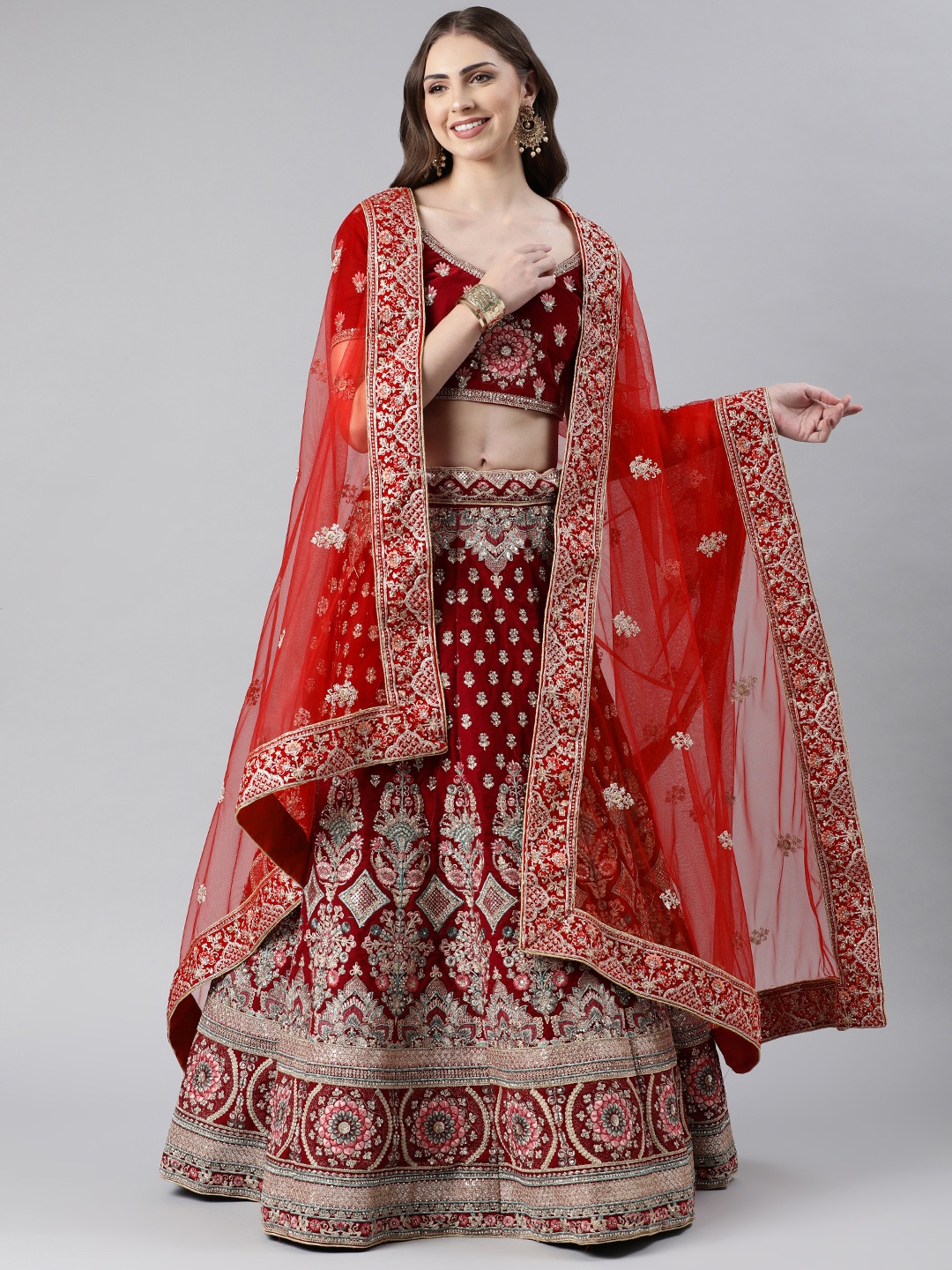 

flaher Embroidered Beads & Stones Net Dupatta, Red