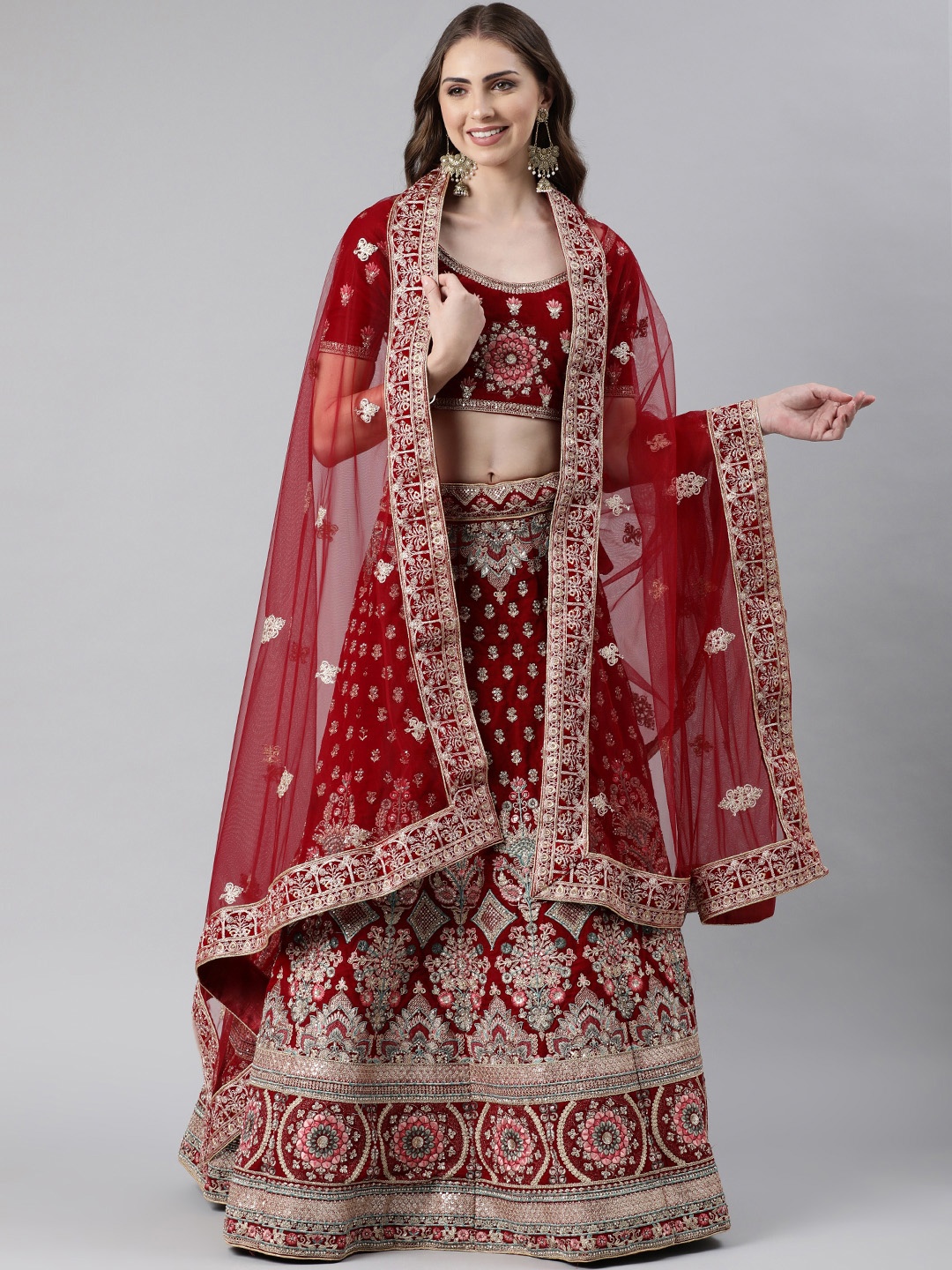 

flaher Embroidered Beads & Stones Net Dupatta, Maroon