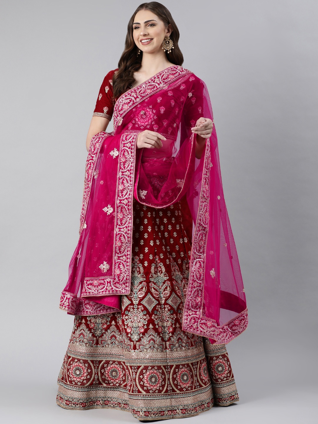

flaher Embroidered Beads & Stones Net Dupatta, Pink