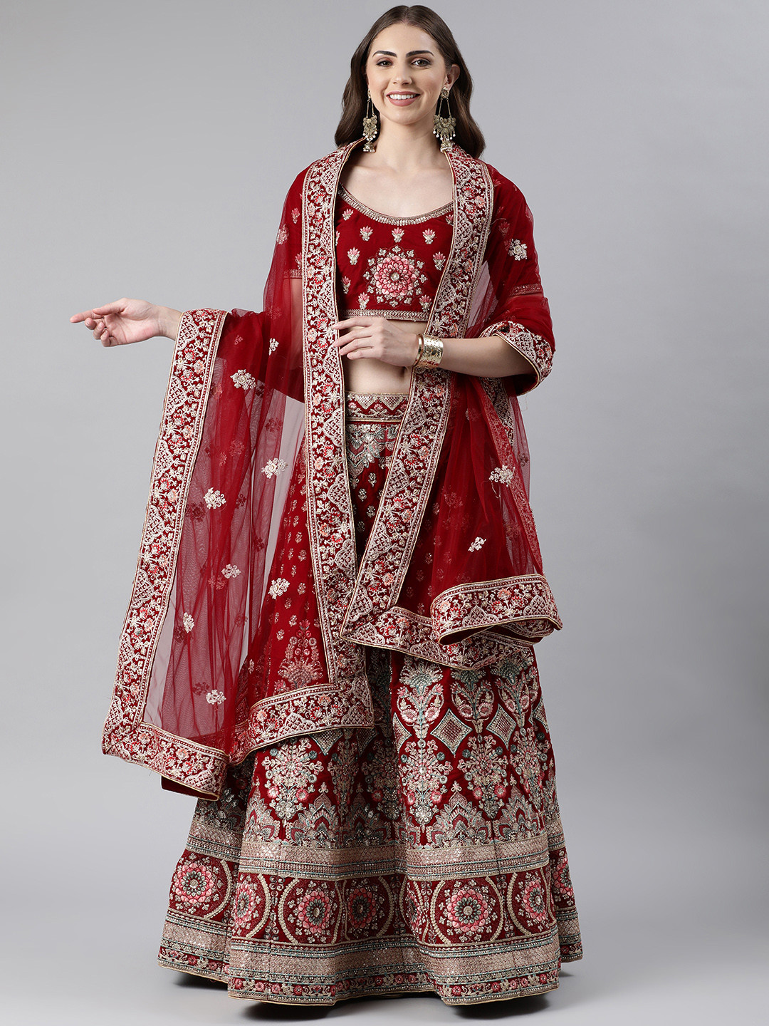 

flaher Embroidered Beads & Stones Net Dupatta, Maroon