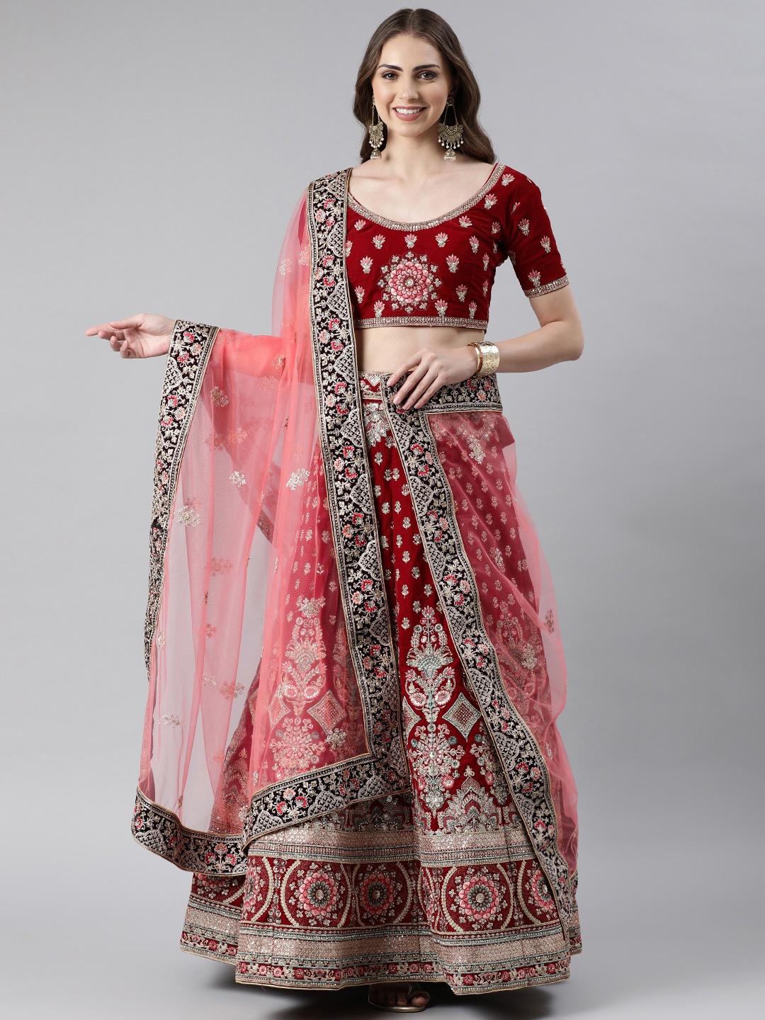 

flaher Embroidered Beads & Stones Net Dupatta, Coral