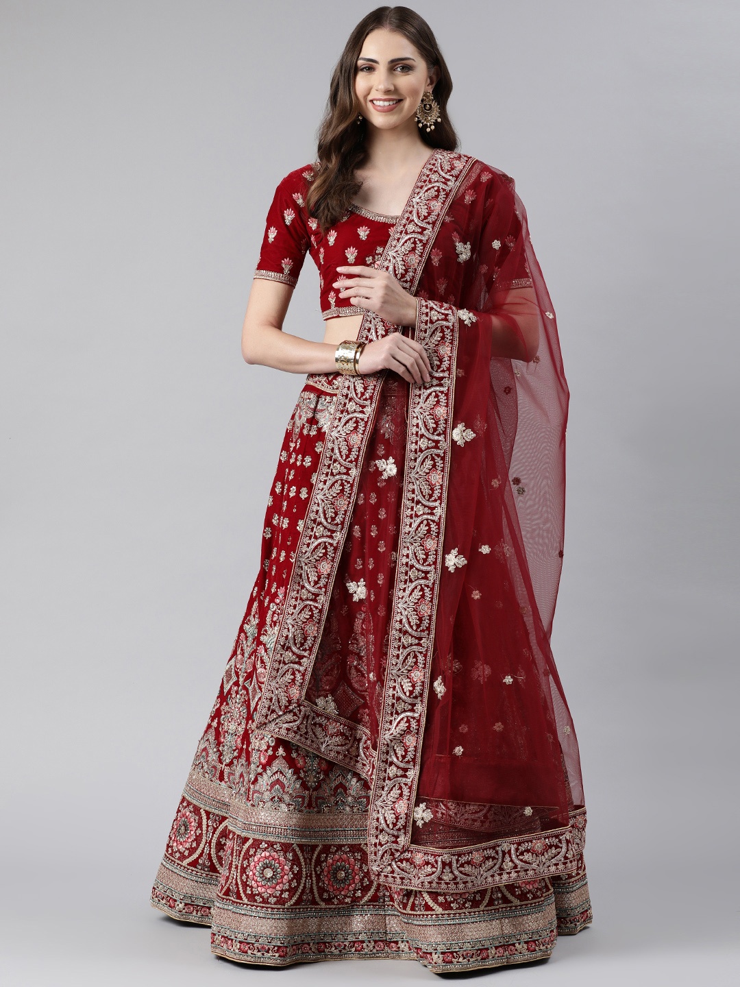 

flaher Embroidered Beads & Stones Net Dupatta, Maroon