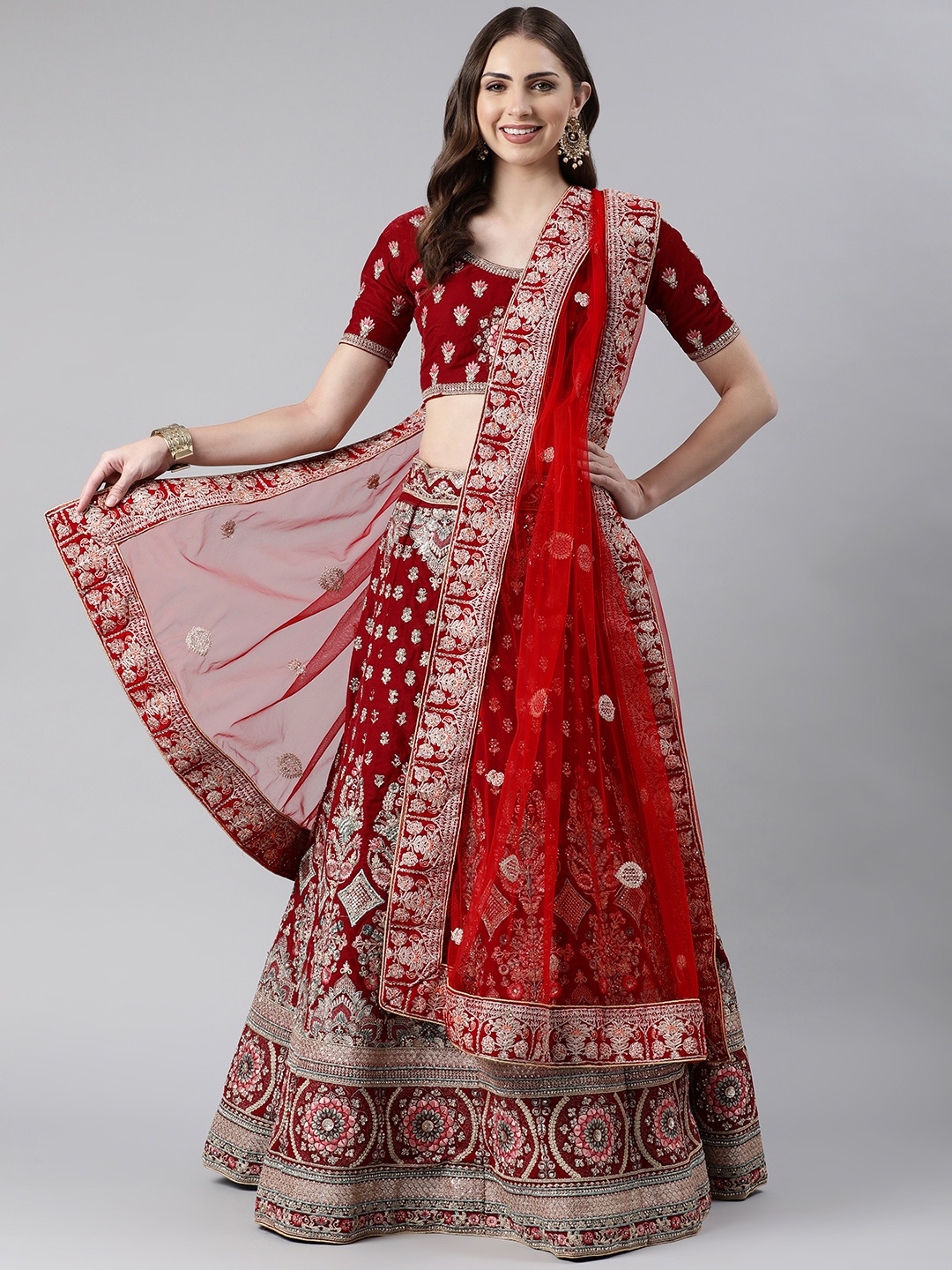 

flaher Embroidered Beads & Stones Net Dupatta, Red