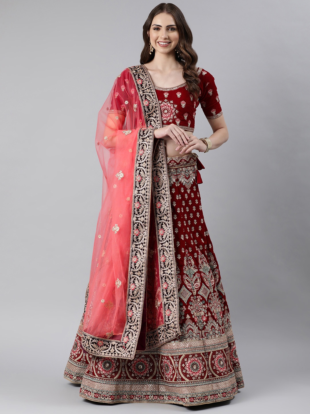 

flaher Embroidered Beads & Stones Net Dupatta, Coral