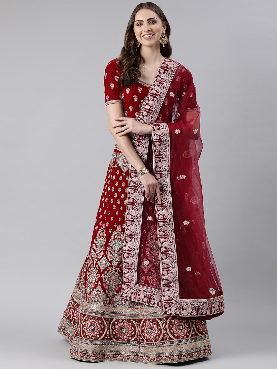 

flaher Embroidered Beads & Stones Net Dupatta, Maroon