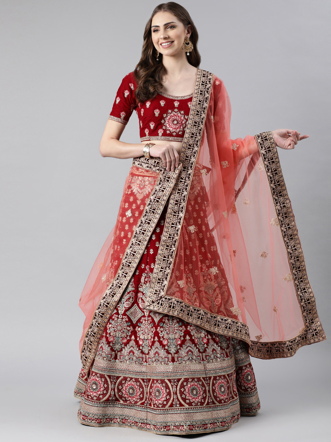 

flaher Embroidered Beads & Stones Net Dupatta, Coral