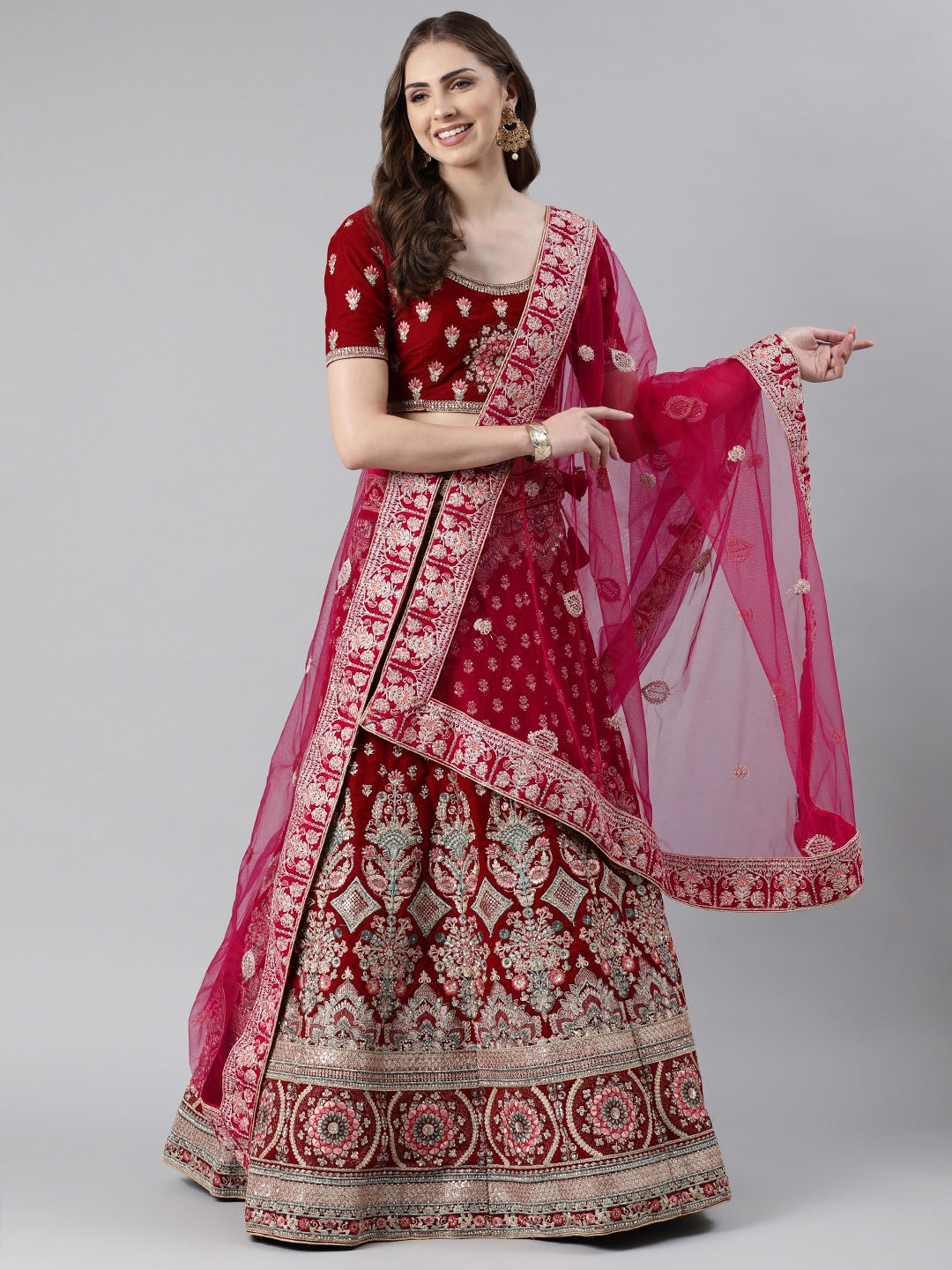 

flaher Embroidered Beads & Stones Net Dupatta, Pink