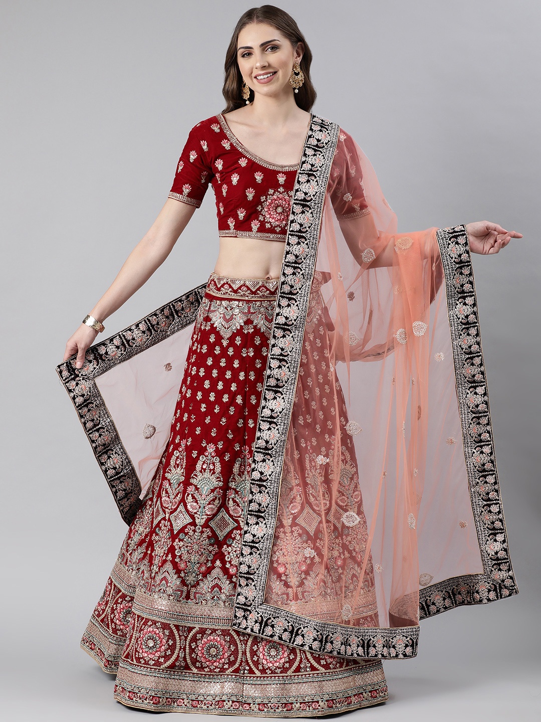

flaher Embroidered Beads & Stones Net Dupatta, Peach