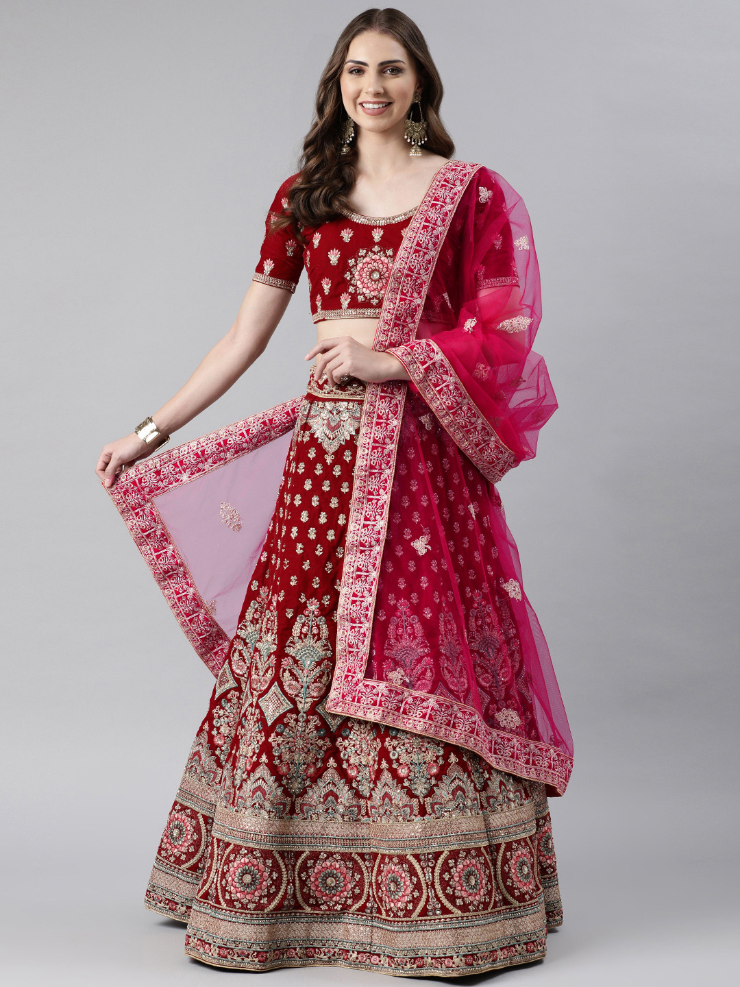 

flaher Embroidered Beads & Stones Net Dupatta, Pink