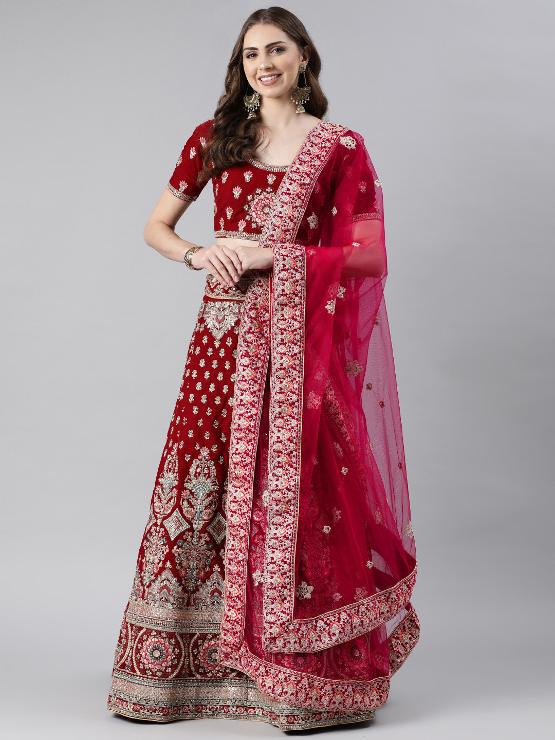 

flaher Embroidered Beads & Stones Net Dupatta, Pink