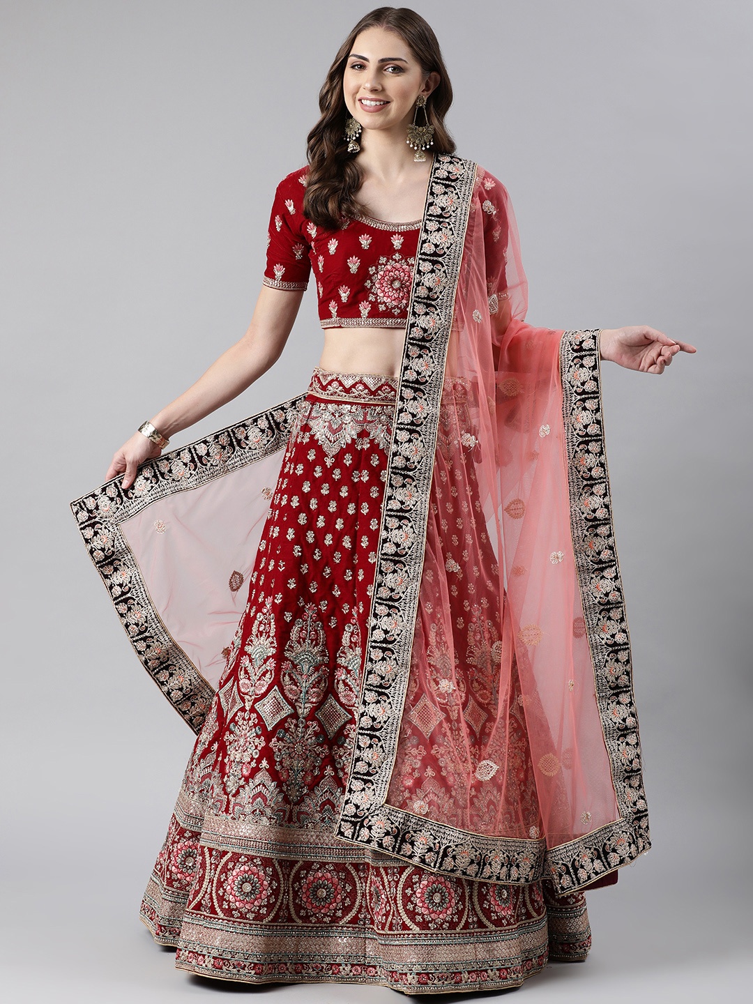 

flaher Embroidered Beads & Stones Net Dupatta, Coral