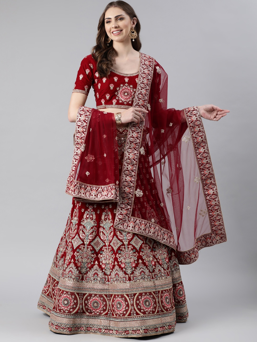 

flaher Embroidered Beads & Stones Net Dupatta, Maroon