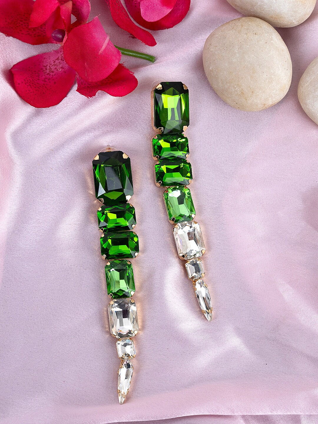 

Kazo Gold-Plated Stone Studded Contemporary Drop Earrings, Green