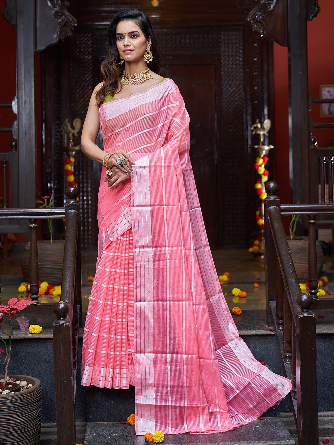 

KARAGIRI Striped Silk Saree, Pink