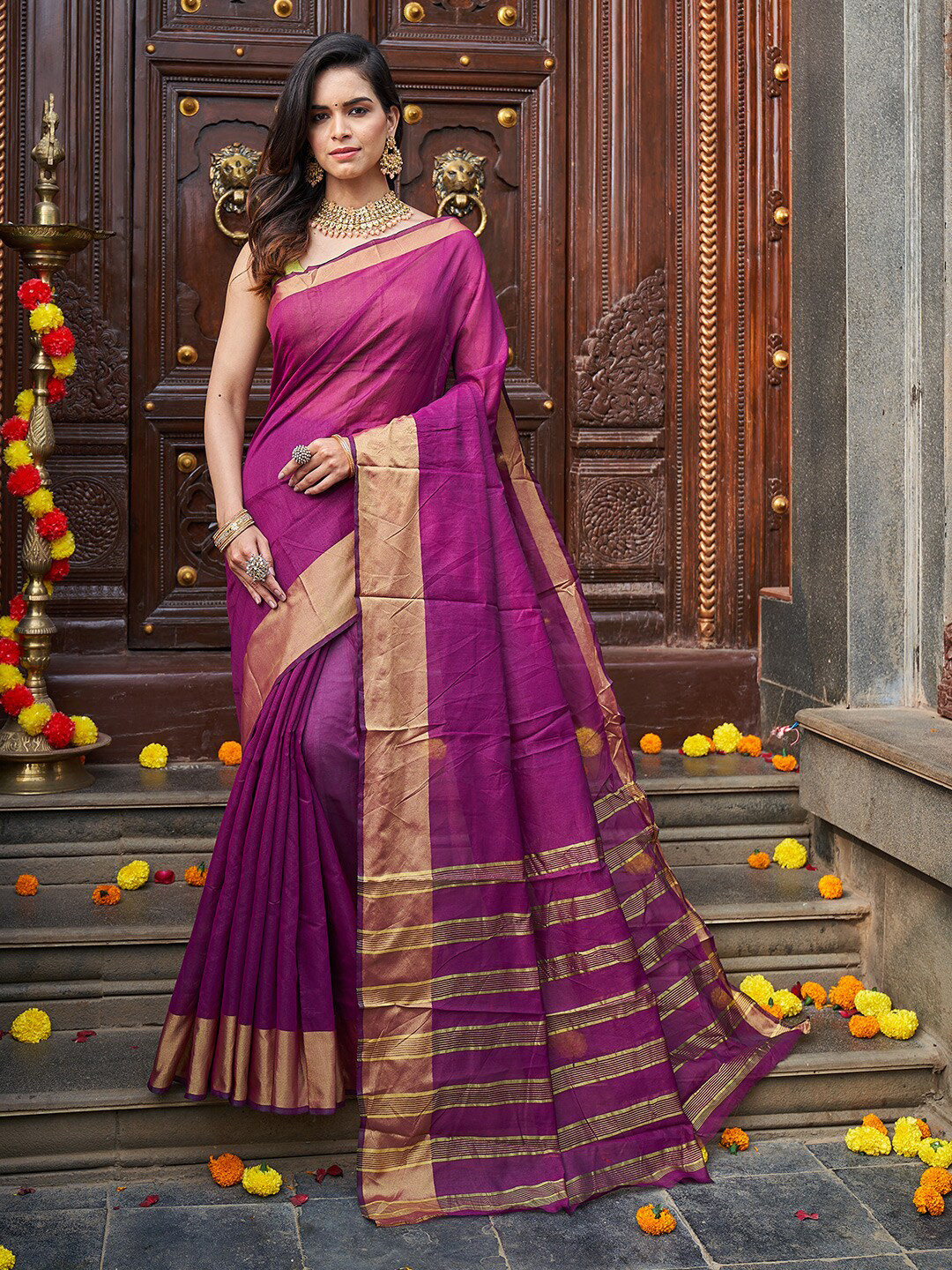 

KARAGIRI Striped Silk Saree, Purple