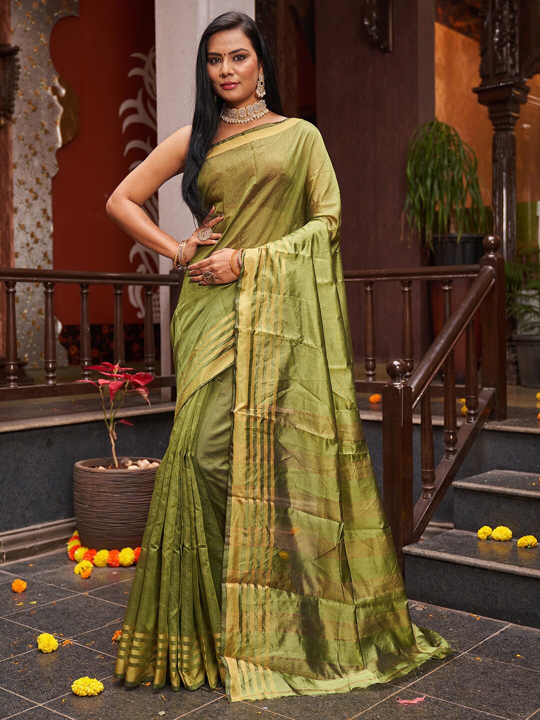 

KARAGIRI Silk Blend Saree With Striped Zari Border, Olive