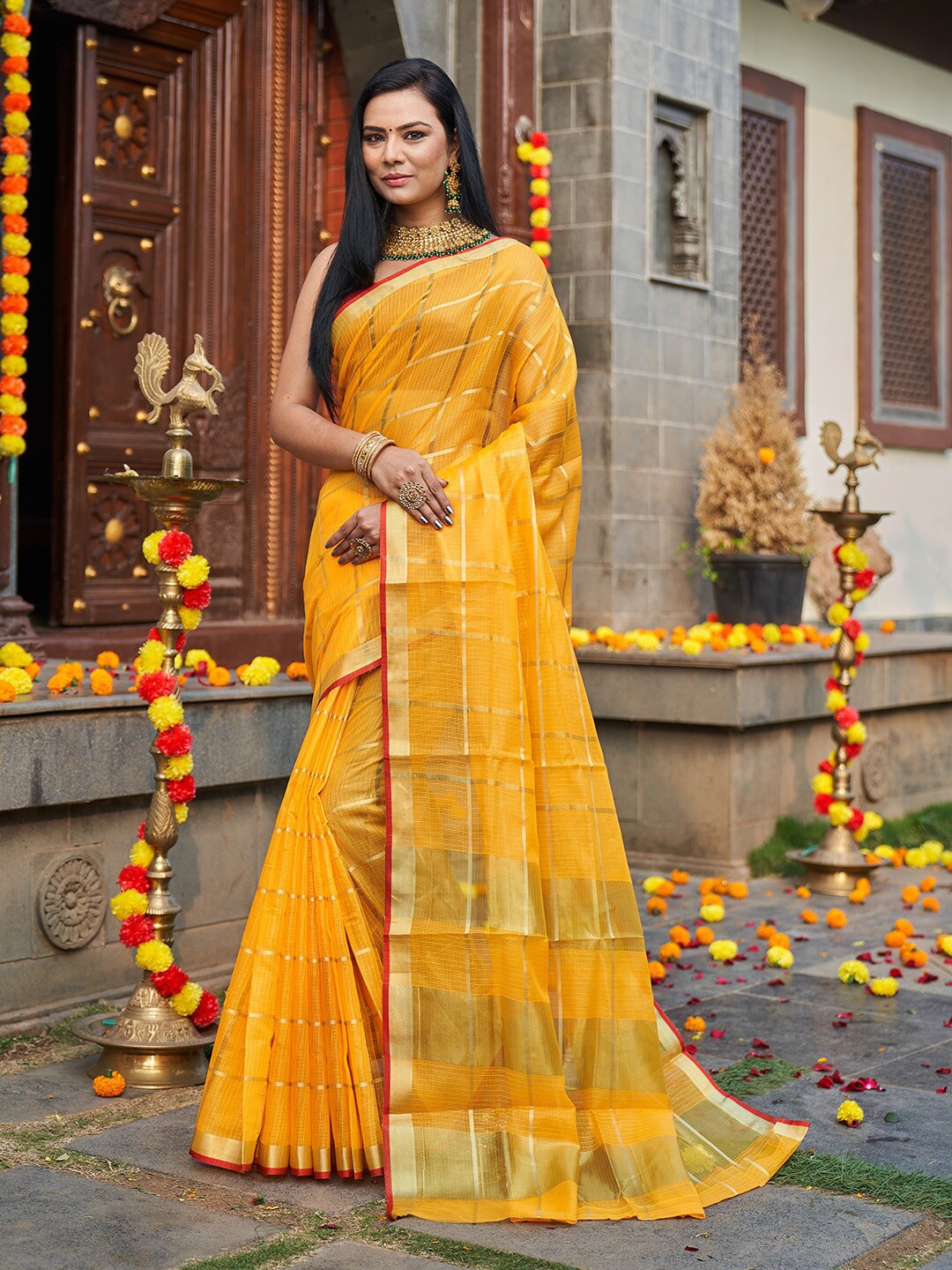 

KARAGIRI Yellow & Gold-Toned Woven Design Zari Silk Blend Saree