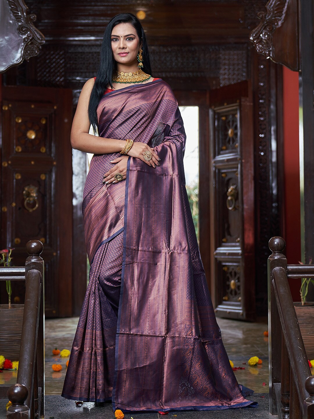 

KARAGIRI Ethnic Motif Woven Silk Blend Zari Saree, Purple
