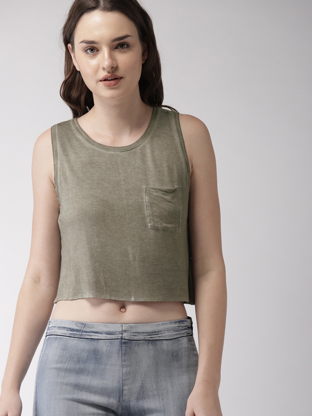 

FOREVER 21 Women Olive Green Solid Cropped Top