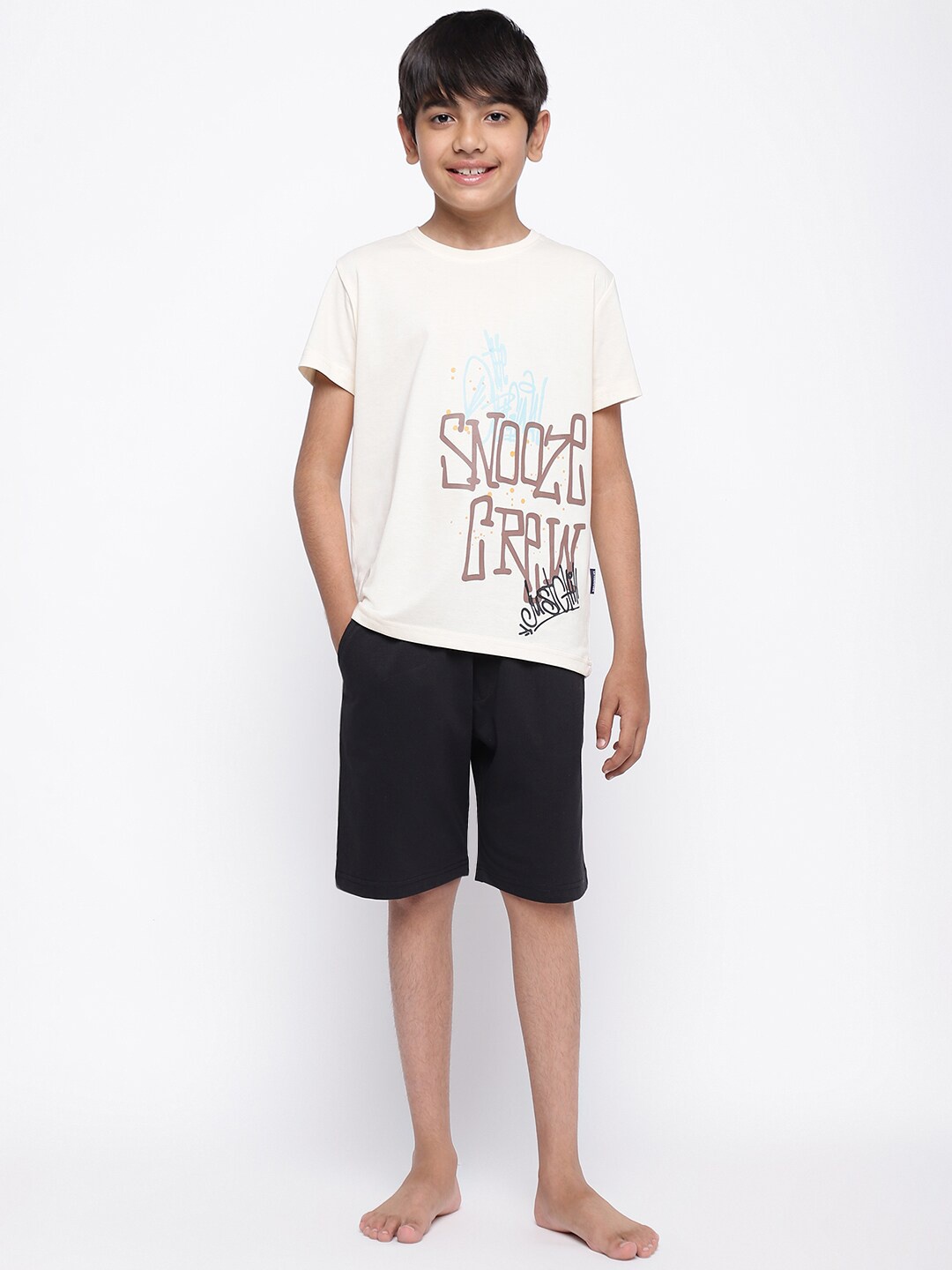 

Lil Tomatoes Boys Typography Printed Night Suit, Cream