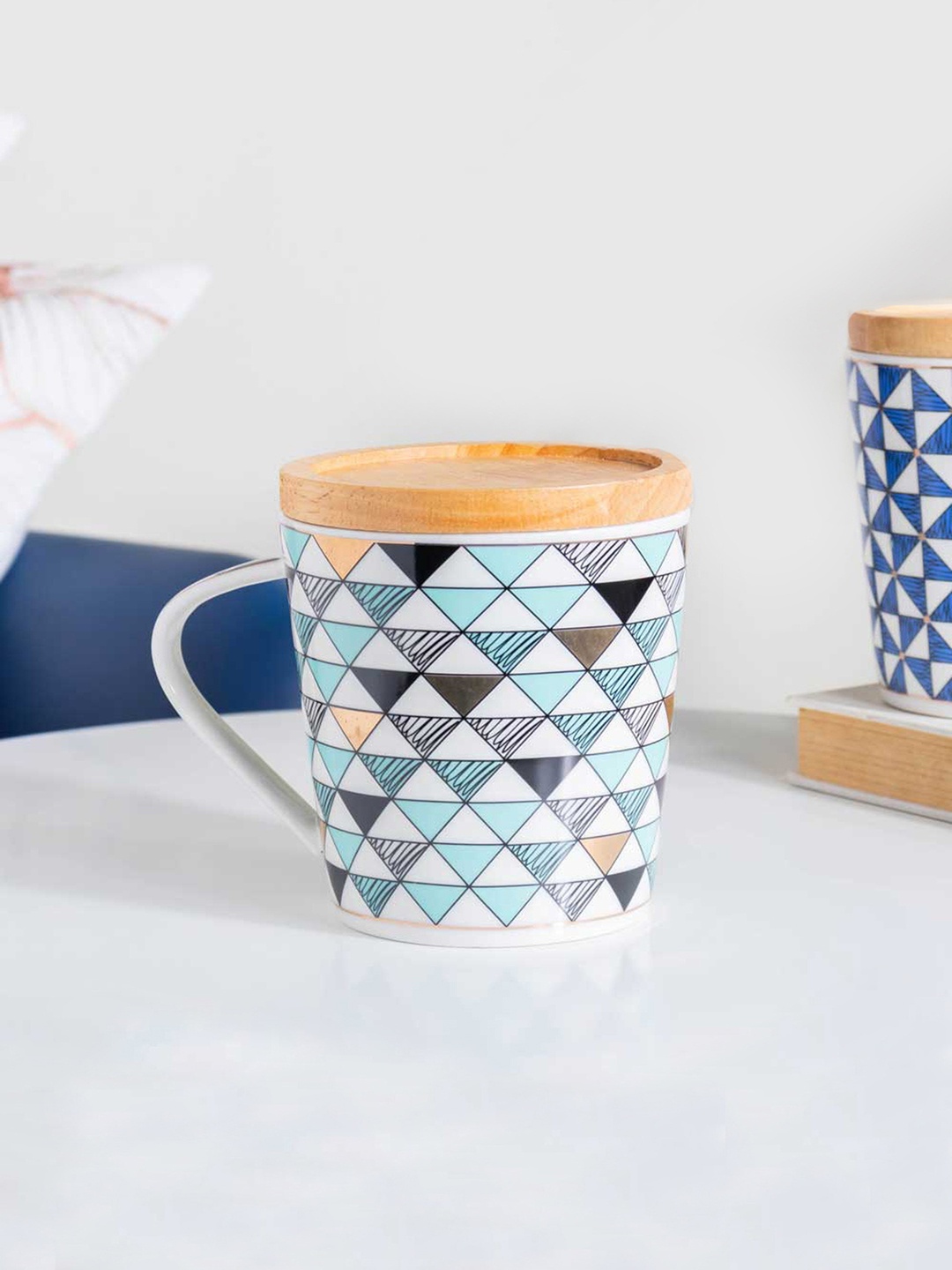 Nestasia White & Blue Mosaic Printed Ceramic Matte Mug 500 ml