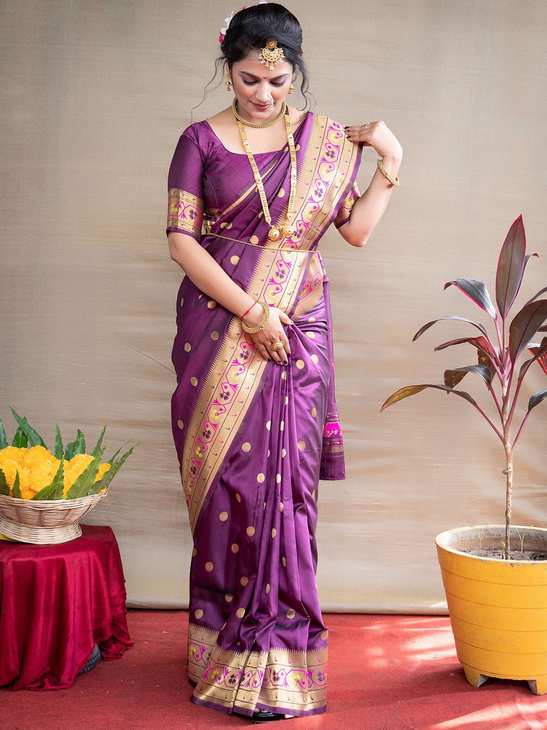 

Anaita Polka Dot Woven Design Zari Pure Silk Paithani Saree, Purple