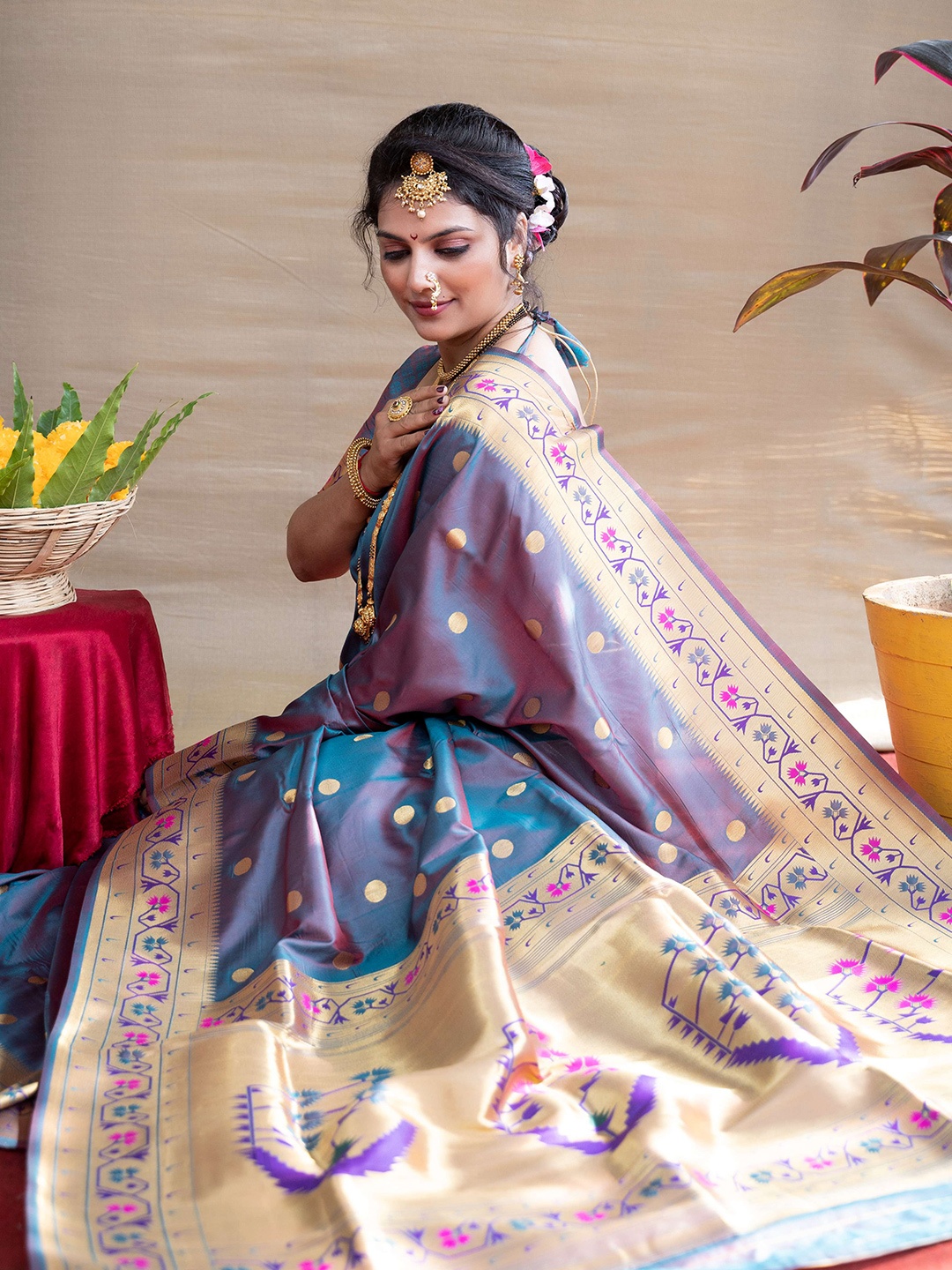 

Anaita Polka Dot Woven Design Zari Pure Silk Paithani Saree, Purple