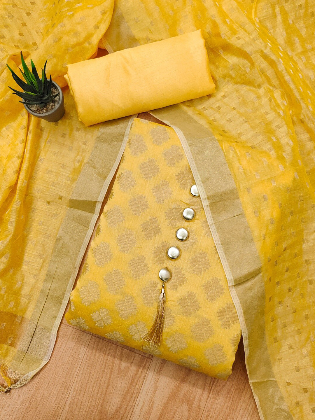 

KALINI Floral Woven Design Unstitched Dress Material, Yellow