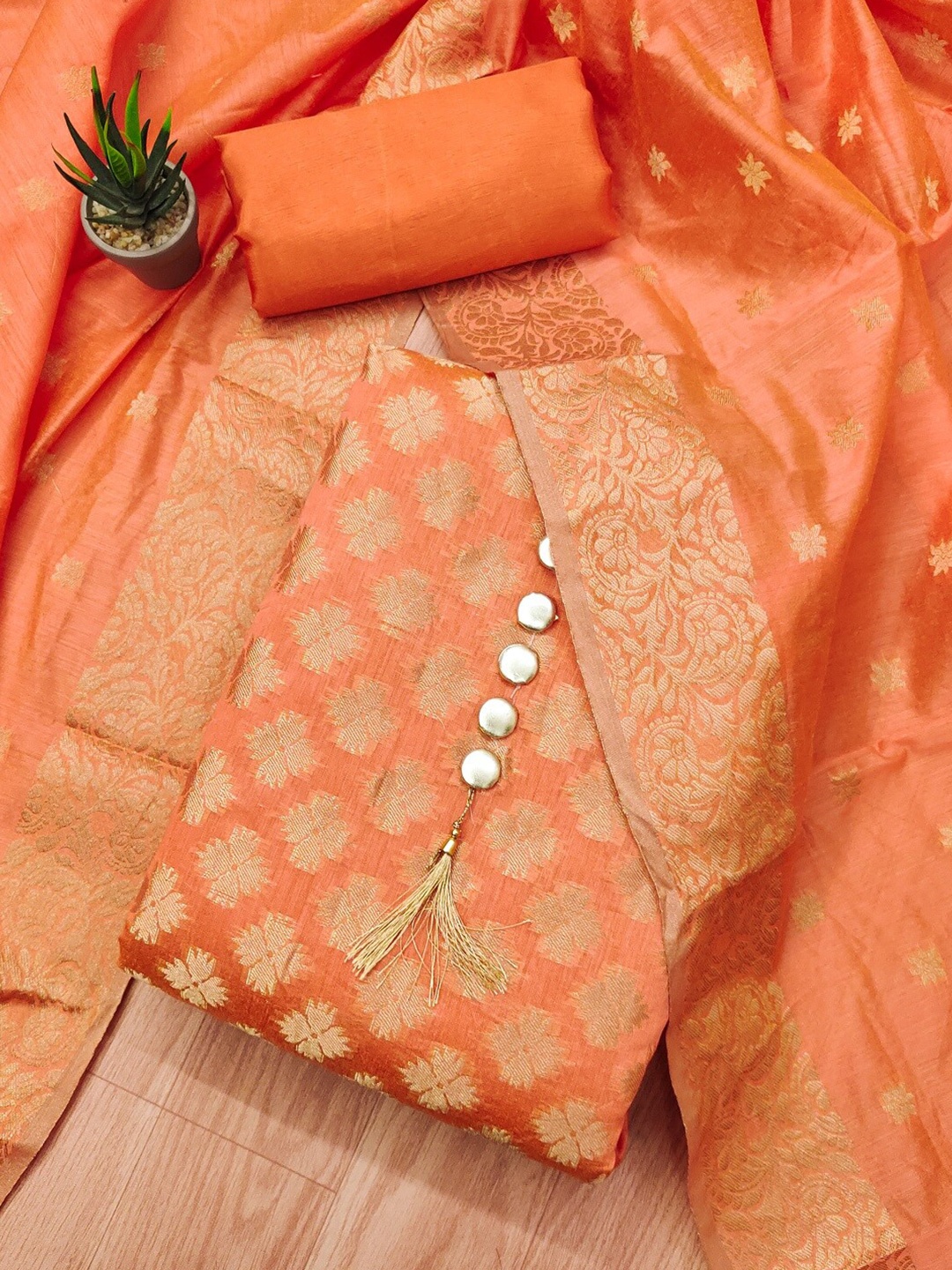

KALINI Floral Woven Design Unstitched Dress Material, Orange