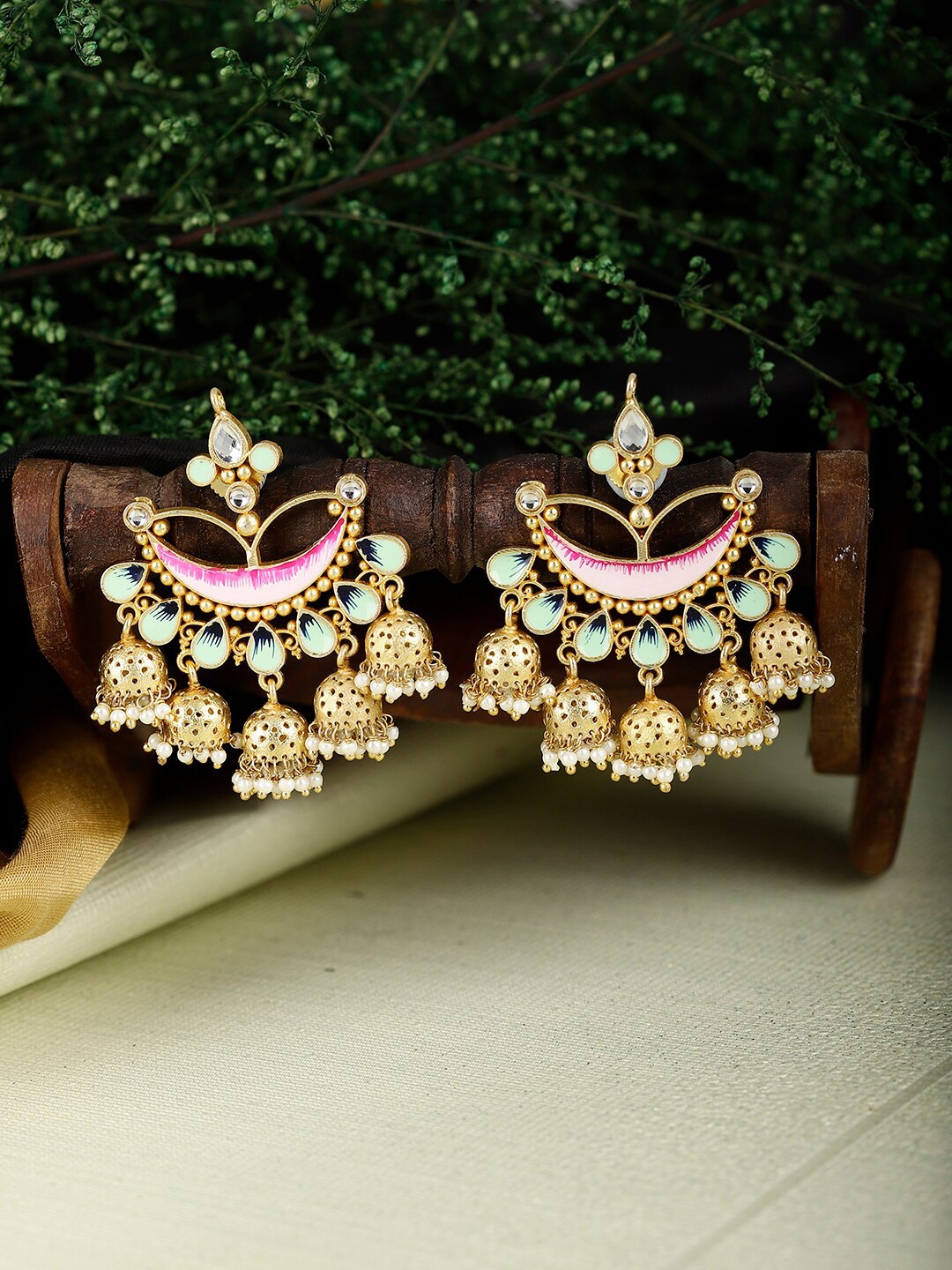 

XAGO Gold-Plated Circular Chandbalis Earrings, Pink