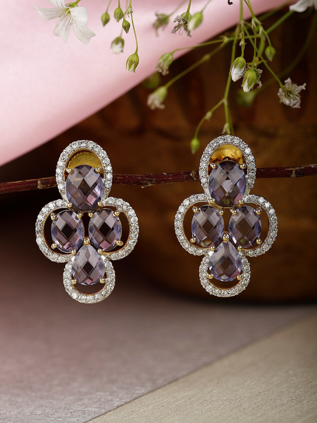 

XAGO Gold-Plated Contemporary Stone Studded Drop Earrings, Purple