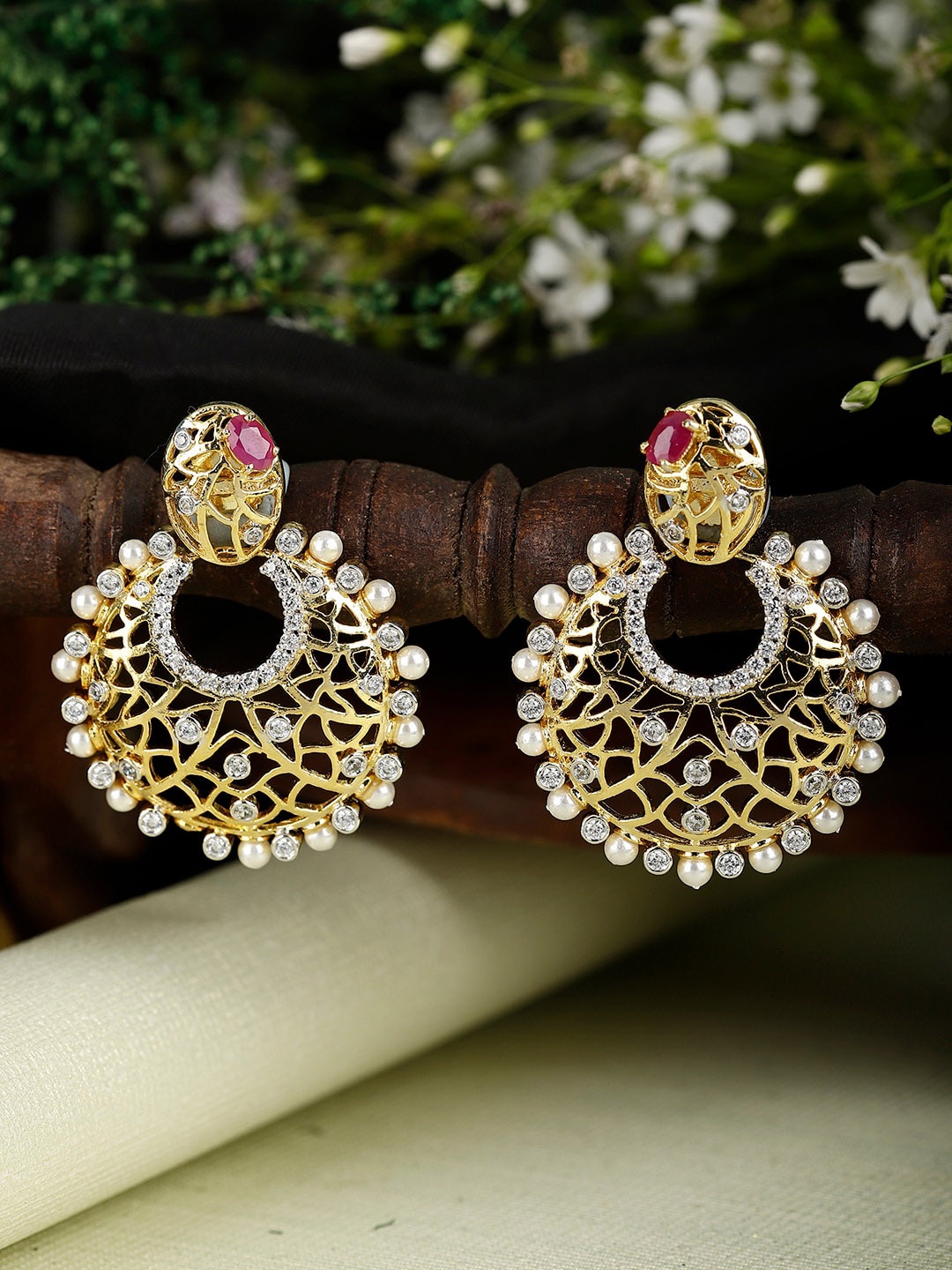 

XAGO Gold Plated Contemporary Pearl & AD Studded Drop Earrings, Pink