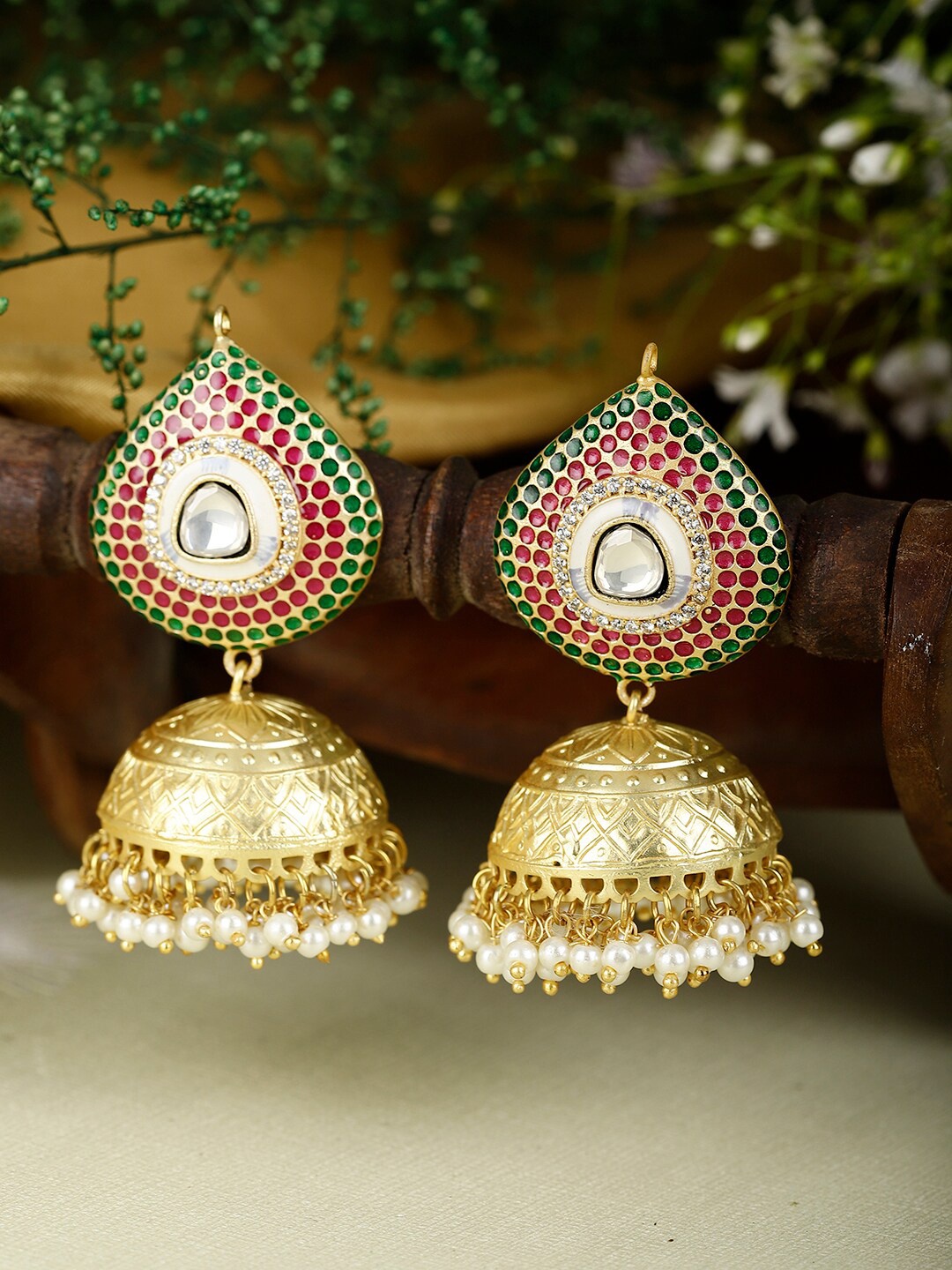 

XAGO Gold-Plated Dome Shaped Jhumkas Earrings, Green