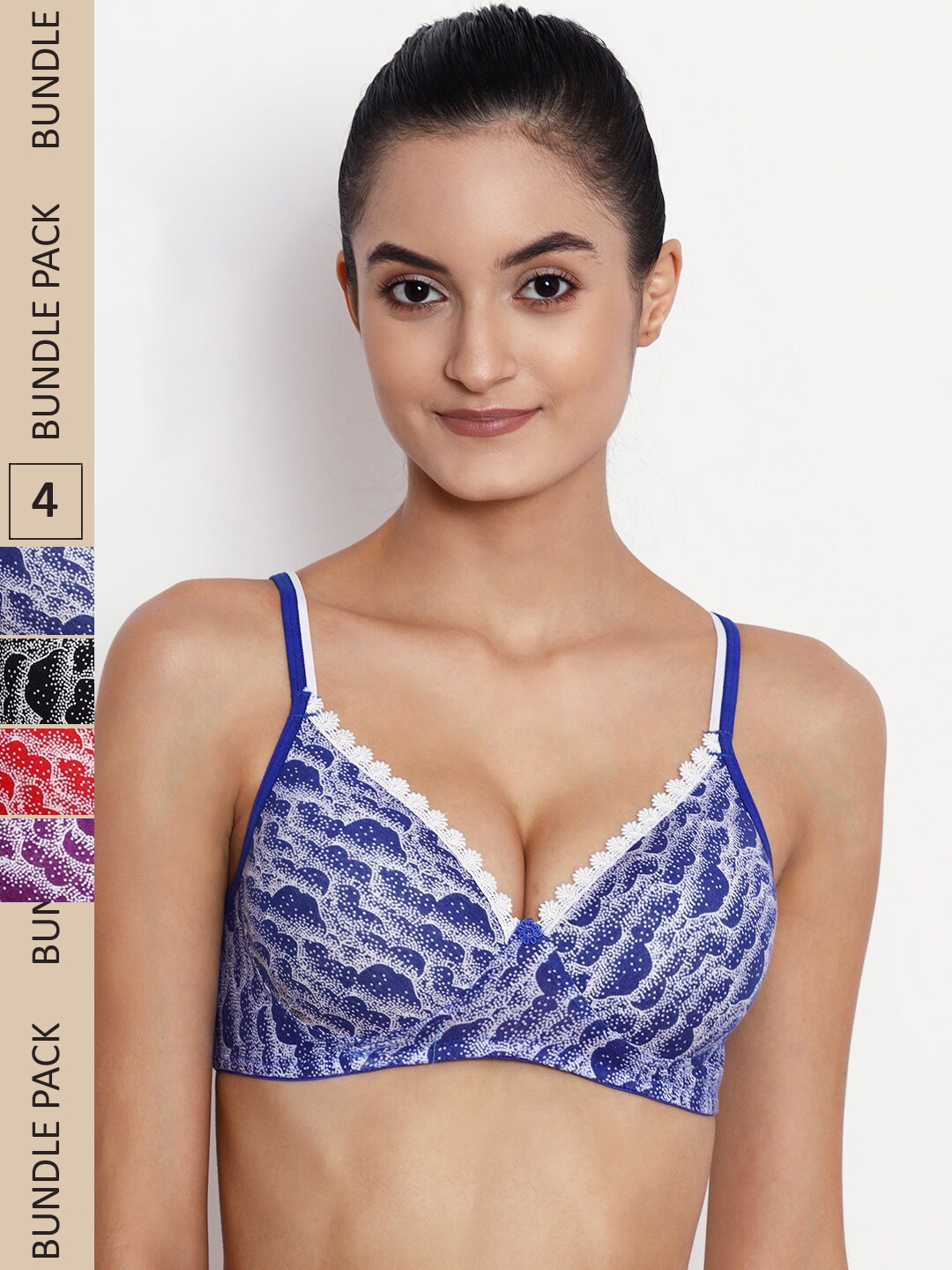 

ABELINO Pack Of 4 Abstract Printed Non-Wired Lightly Padded Pure Cotton T-Shirt Bra, Blue