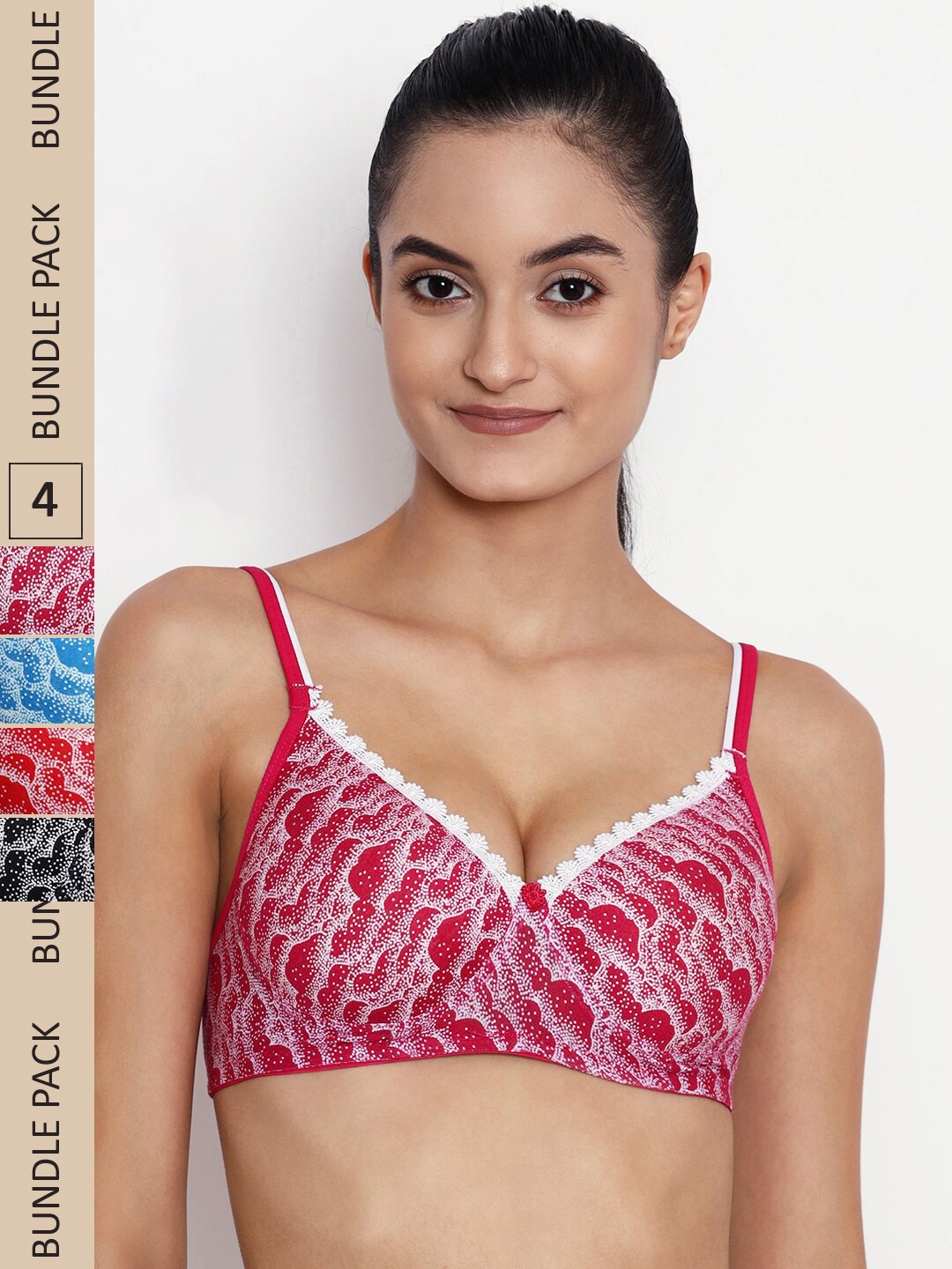 

ABELINO Pack Of 4 Abstract Printed Non-Wired Lightly Padded Pure Cotton T-Shirt Bra, Pink