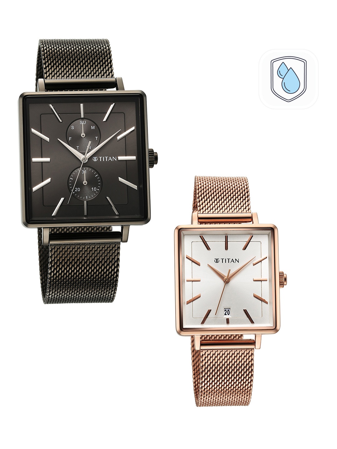 

Titan Pack Of 2 Stainless Steel Bracelet His & Her Couple Analogue Watch 9400594205KM01, Rose gold