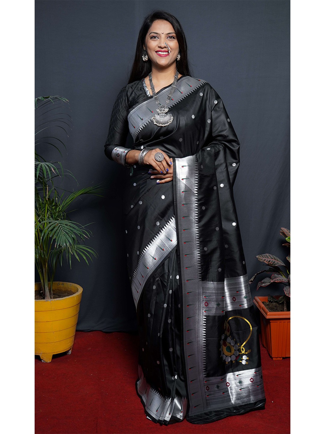 

Anaita Polka Dot Woven Design Zari Pure Silk Paithani Saree, Black