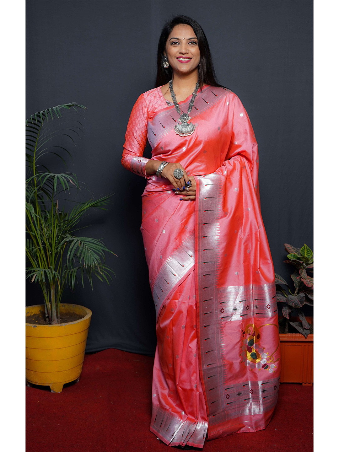 

Anaita Polka Dot Woven Design Zari Pure Silk Paithani Saree, Peach