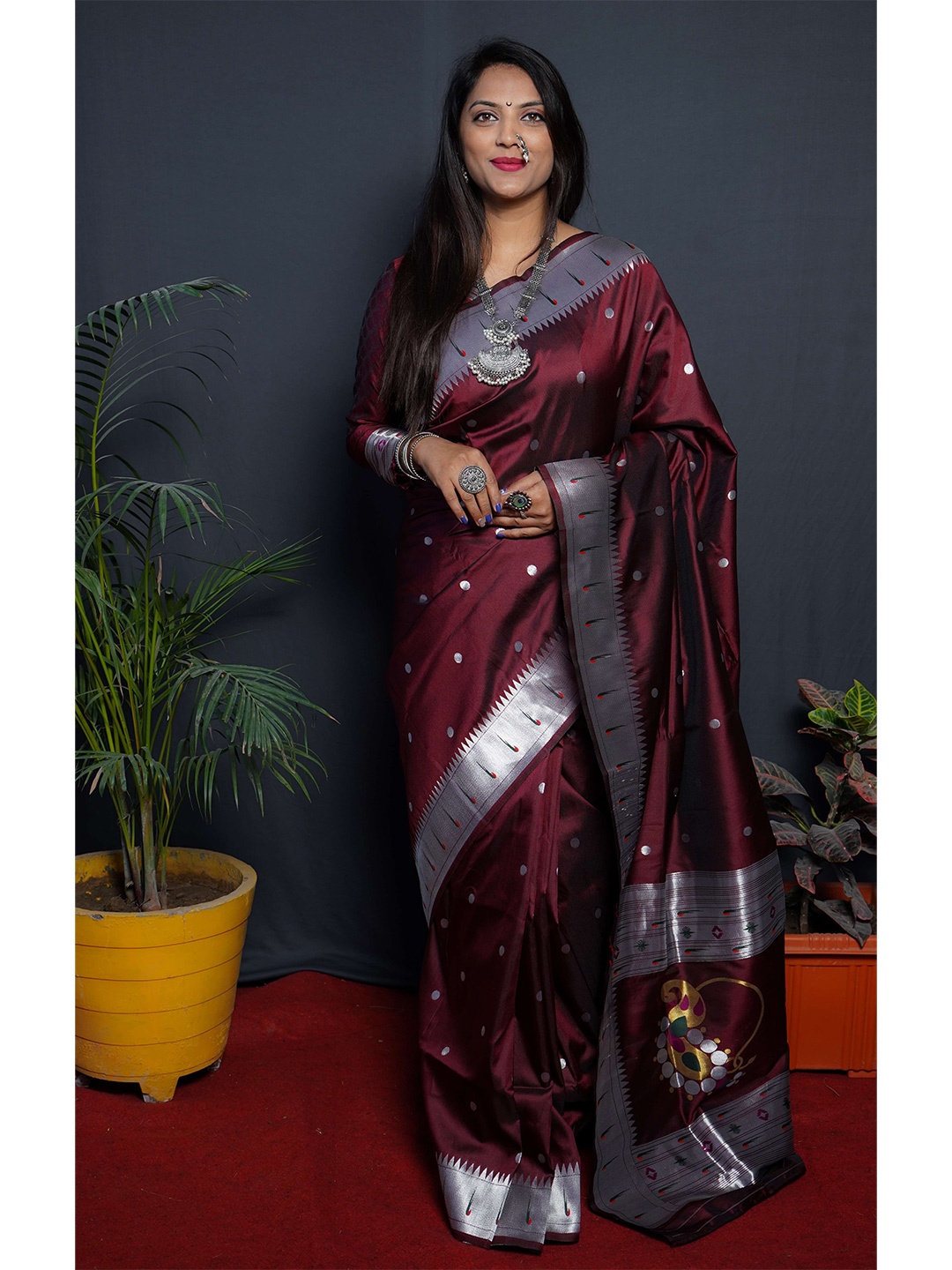 

Anaita Polka Dot Woven Design Zari Pure Silk Paithani Saree, Maroon