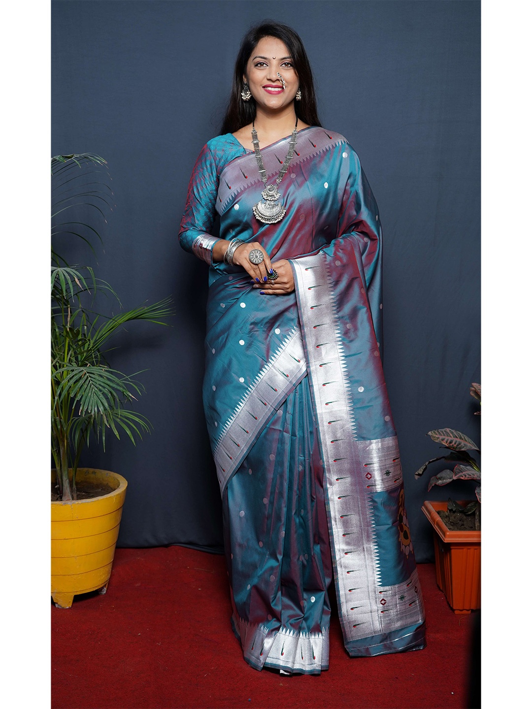 

Anaita Polka Dot Woven Design Zari Pure Silk Paithani Saree, Sea green